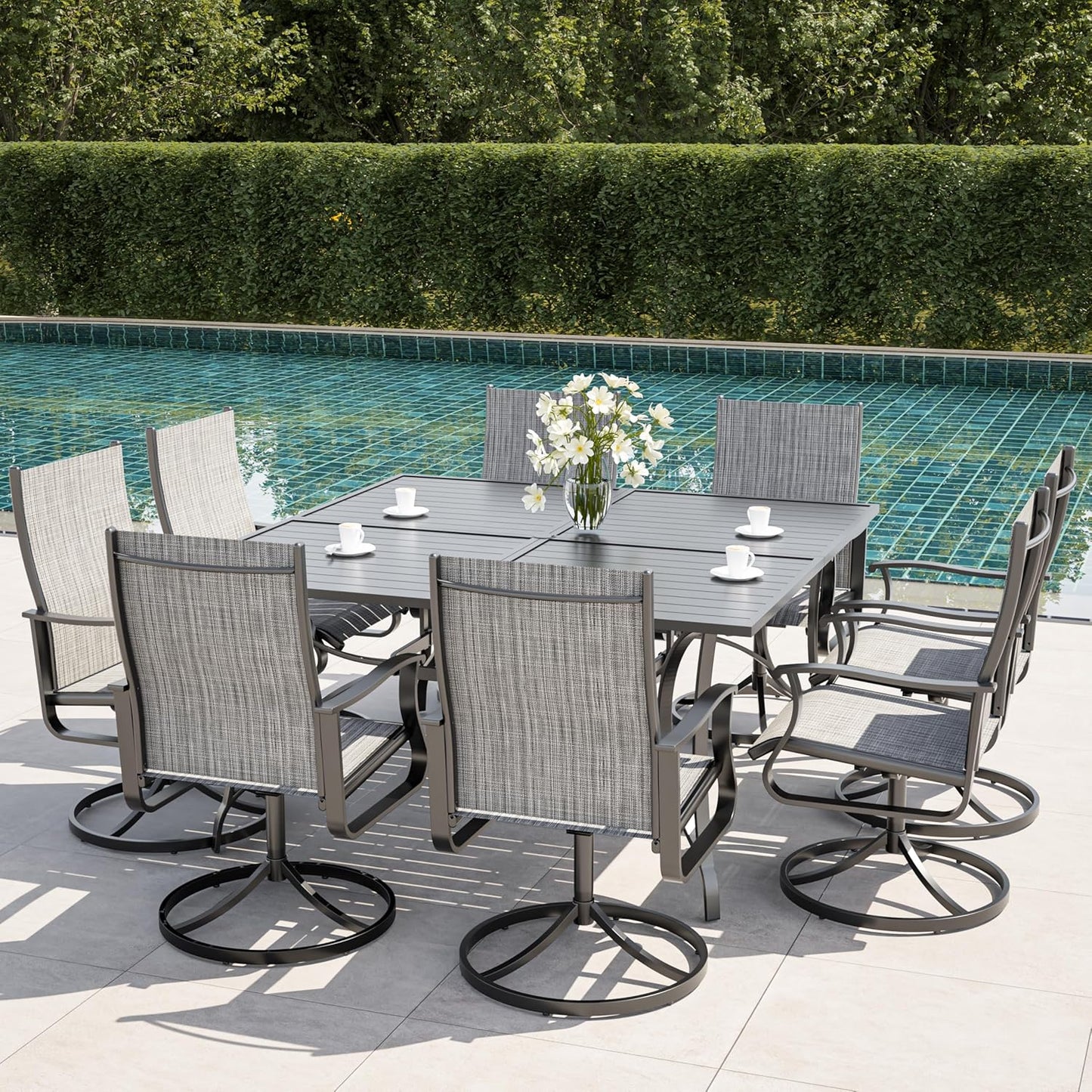 Amopatio Outdoor Patio Swivel Dining Chairs Set of 8, 360° Swivel Outdoor Chairs, All Weather Outdoor Swivel Chairs with Textilene Mesh and Rust-Proof Steel Frame, for Backyard & Porch,Grayish White