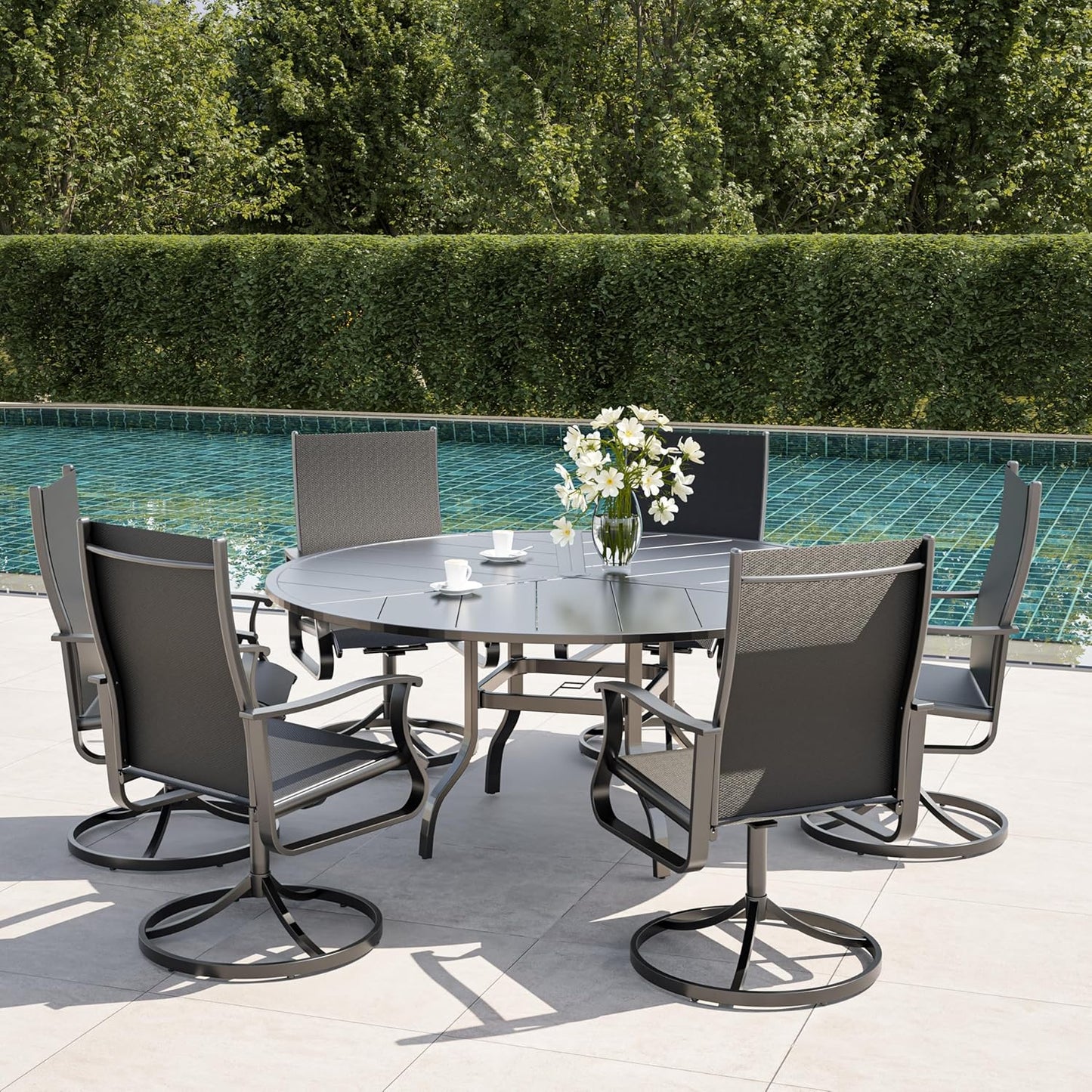 Amopatio Outdoor Patio Swivel Dining Chairs Set of 6, 360° Swivel Outdoor Chairs, All Weather Outdoor Swivel Chairs with Textilene Mesh and Rust-Proof Steel Frame, for Backyard, Garden & Porch, Black