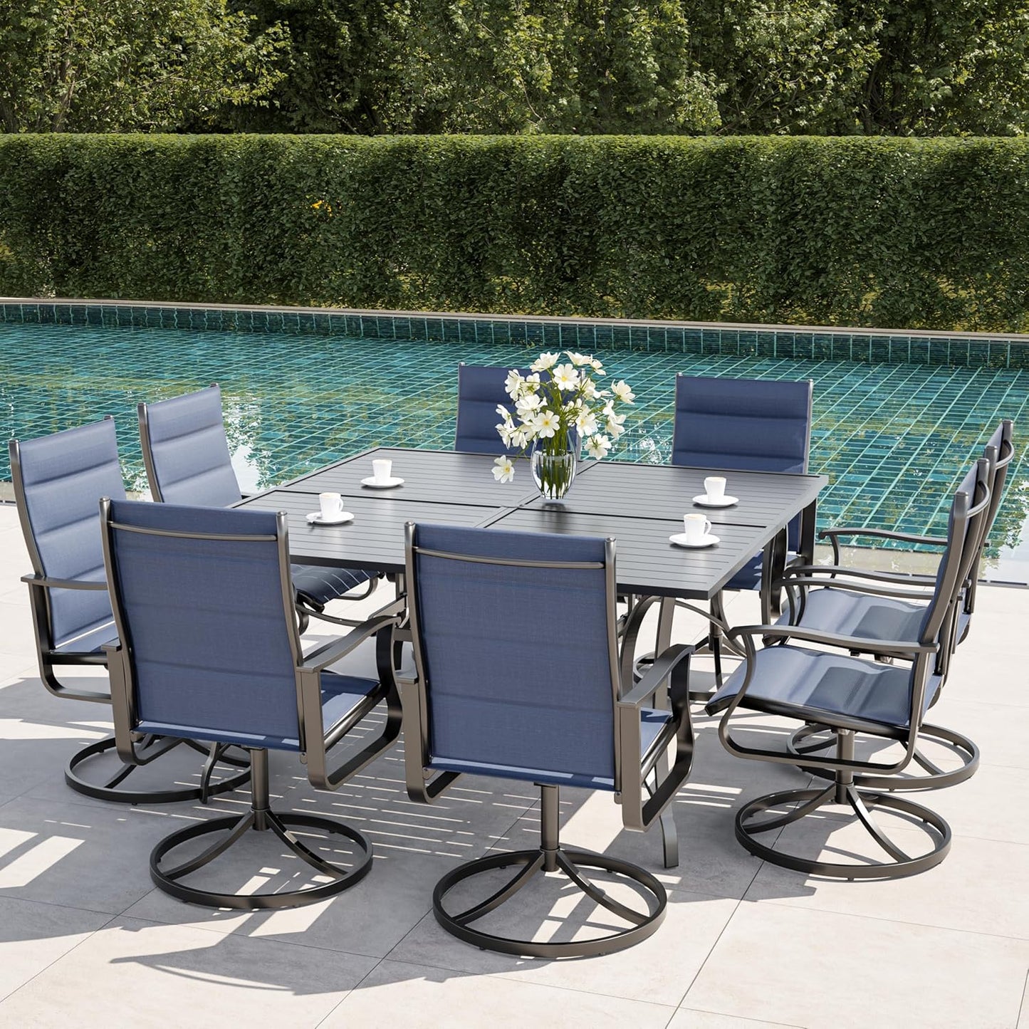 Amopatio Outdoor Patio Swivel Dining Chairs Set of 8, 360° Swivel Patio Chairs, All Weather Outdoor Swivel Chairs with Textilene Mesh and Rust-Proof Steel Frame, for Backyard & Porch, Navy Blue