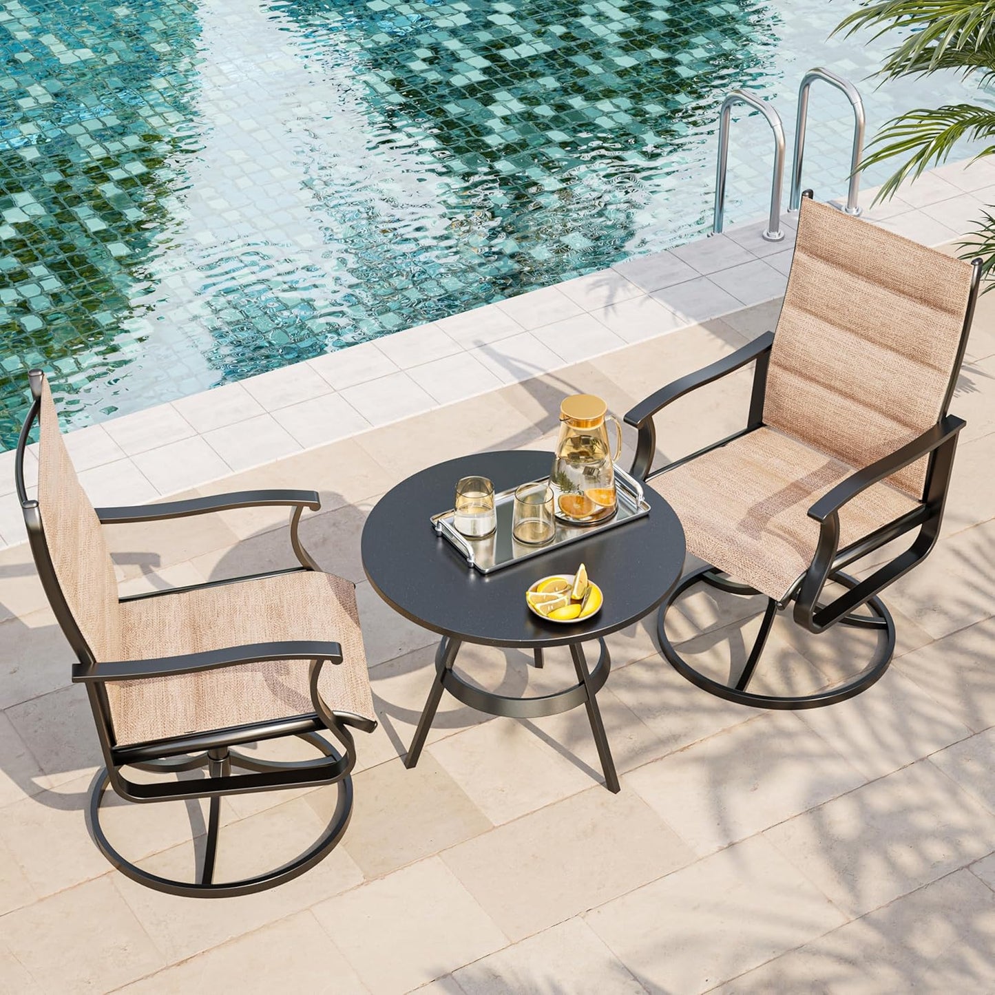 Amopatio Outdoor Patio Swivel Dining Chairs Set of 2, 360° Swivel Patio Chairs, All Weather Outdoor Swivel Chairs with Textilene Mesh and Rust-Proof Steel Frame, for Backyard & Porch, Brown