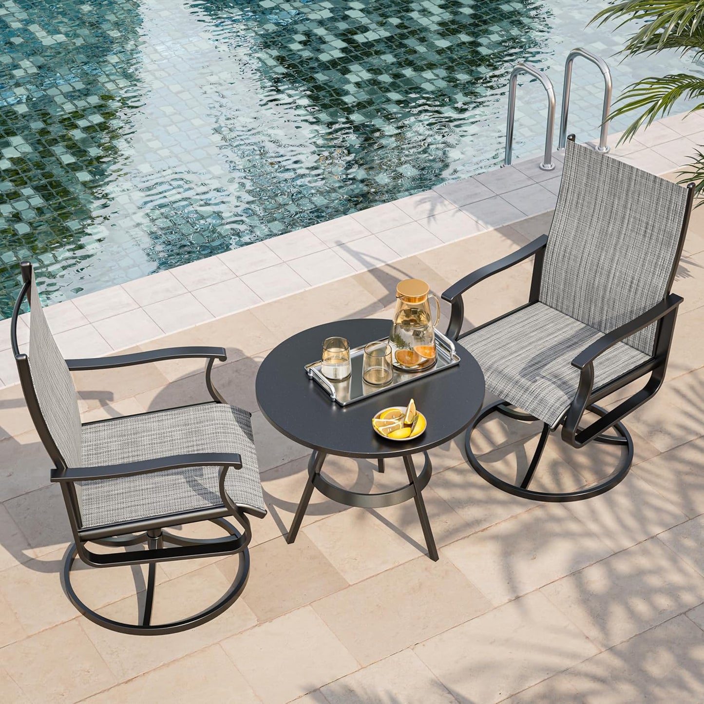 Amopatio Outdoor Patio Swivel Dining Chairs Set of 2, 360° Swivel Outdoor Chairs, All Weather Outdoor Swivel Chairs with Textilene Mesh and Rust-Proof Steel Frame, for Backyard & Porch,Grayish White
