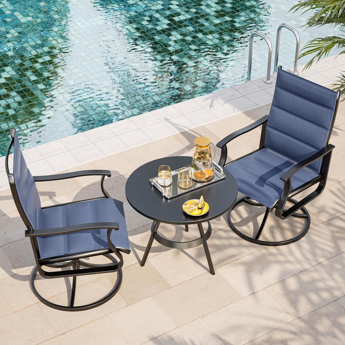 Amopatio Outdoor Patio Swivel Dining Chairs Set of 2, 360° Swivel Patio Chairs, All Weather Outdoor Swivel Chairs with Textilene Mesh and Rust-Proof Steel Frame, for Backyard & Porch, Navy Blue