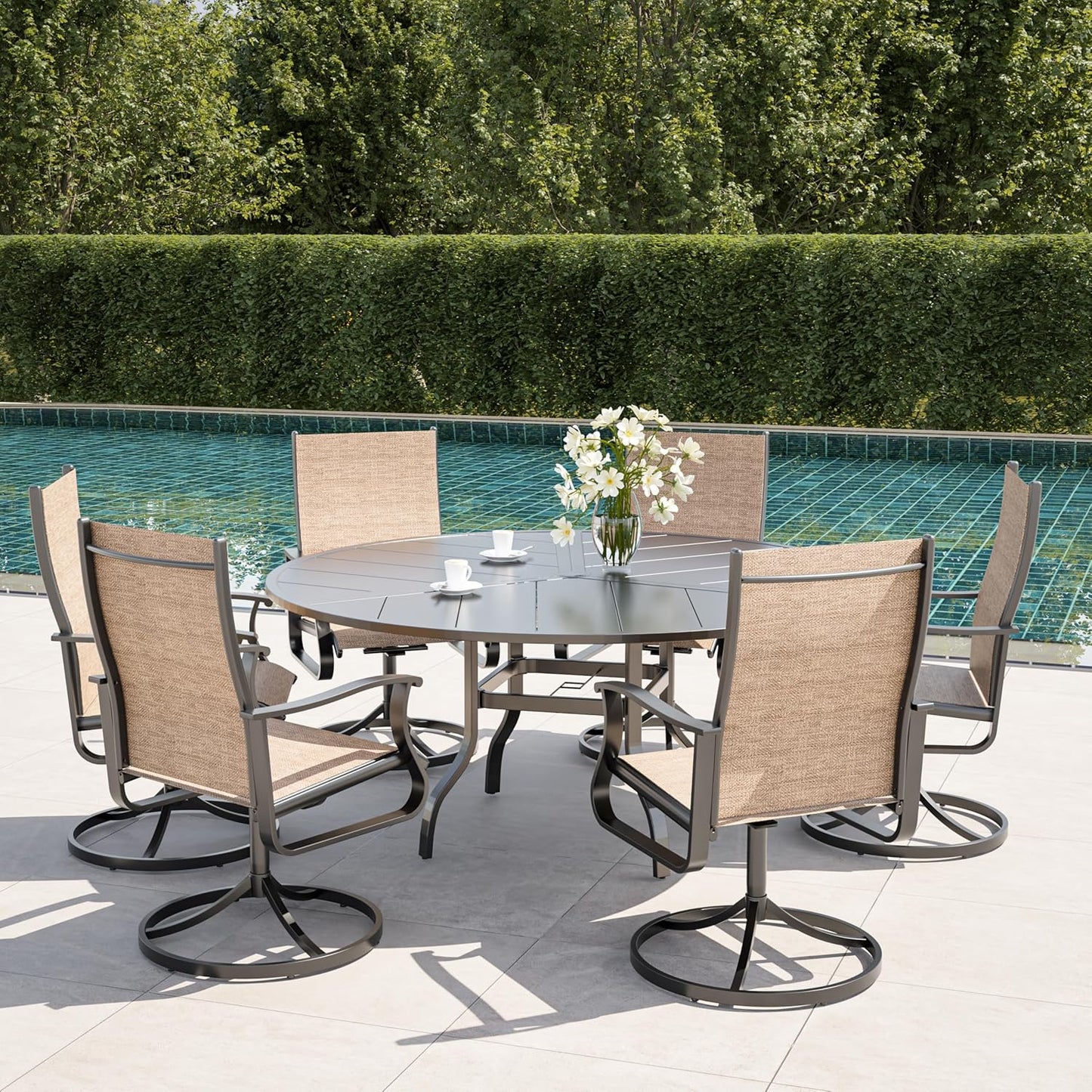 Amopatio Outdoor Patio Swivel Dining Chairs Set of 6, 360° Swivel Outdoor Chairs, All Weather Outdoor Swivel Chairs with Textilene Mesh and Rust-Proof Steel Frame, for Backyard, Garden & Porch,Brown