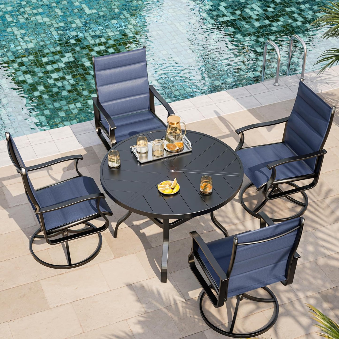 Amopatio Outdoor Patio Swivel Dining Chairs Set of 4, 360° Swivel Patio Chairs, All Weather Outdoor Swivel Chairs with Textilene Mesh and Rust-Proof Steel Frame, for Backyard & Porch, Navy Blue