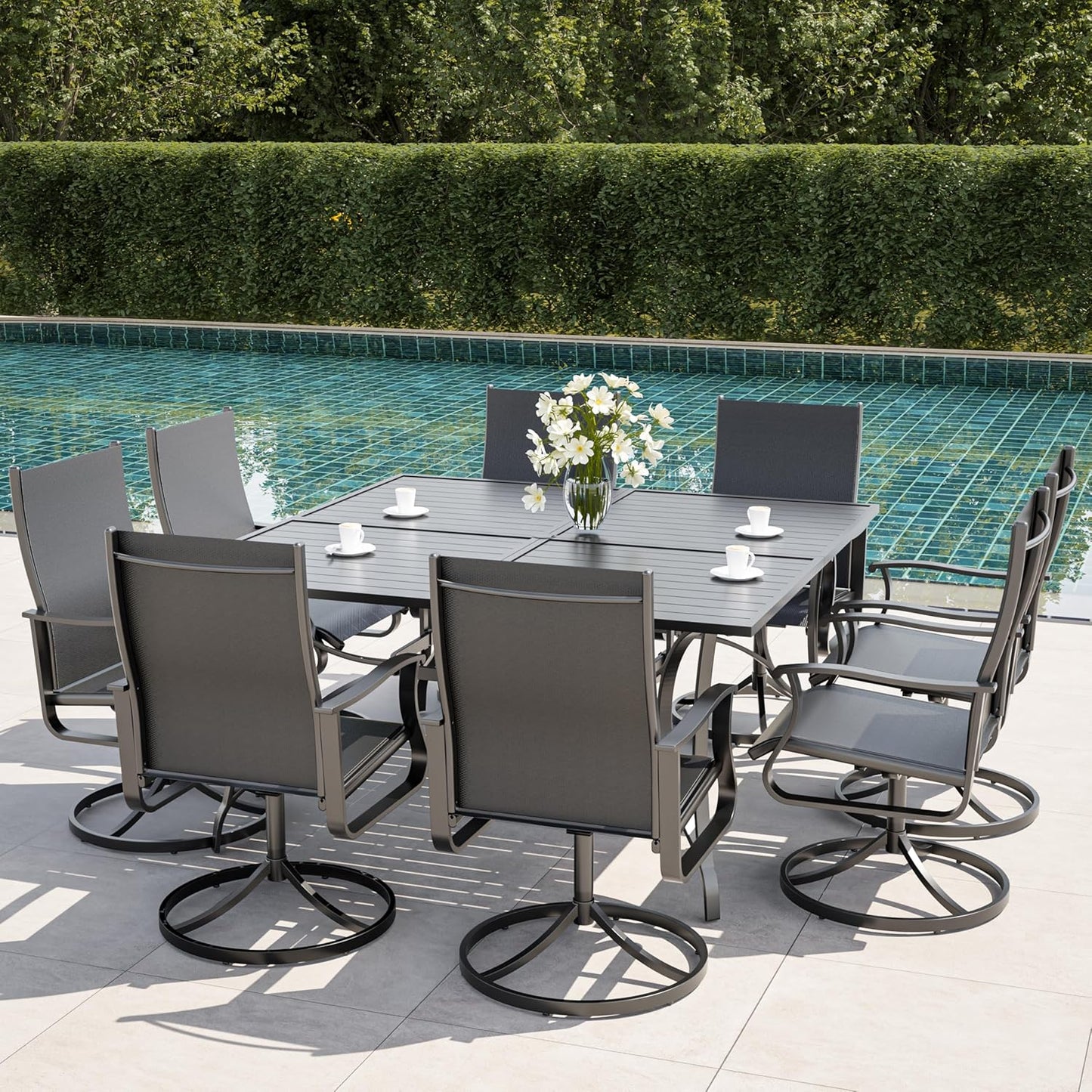 Amopatio Outdoor Patio Swivel Dining Chairs Set of 8, 360° Swivel Outdoor Chairs, All Weather Outdoor Swivel Chairs with Textilene Mesh and Rust-Proof Steel Frame, for Backyard, Garden & Porch, Black