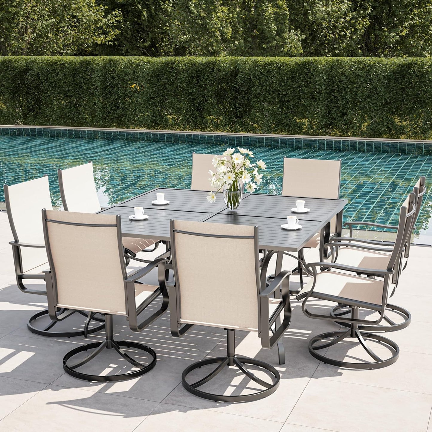 Amopatio Outdoor Patio Swivel Dining Chairs Set of 8, 360° Swivel Outdoor Chairs, All Weather Outdoor Swivel Chairs with Textilene Mesh and Rust-Proof Steel Frame, for Backyard, Garden & Porch, Beige