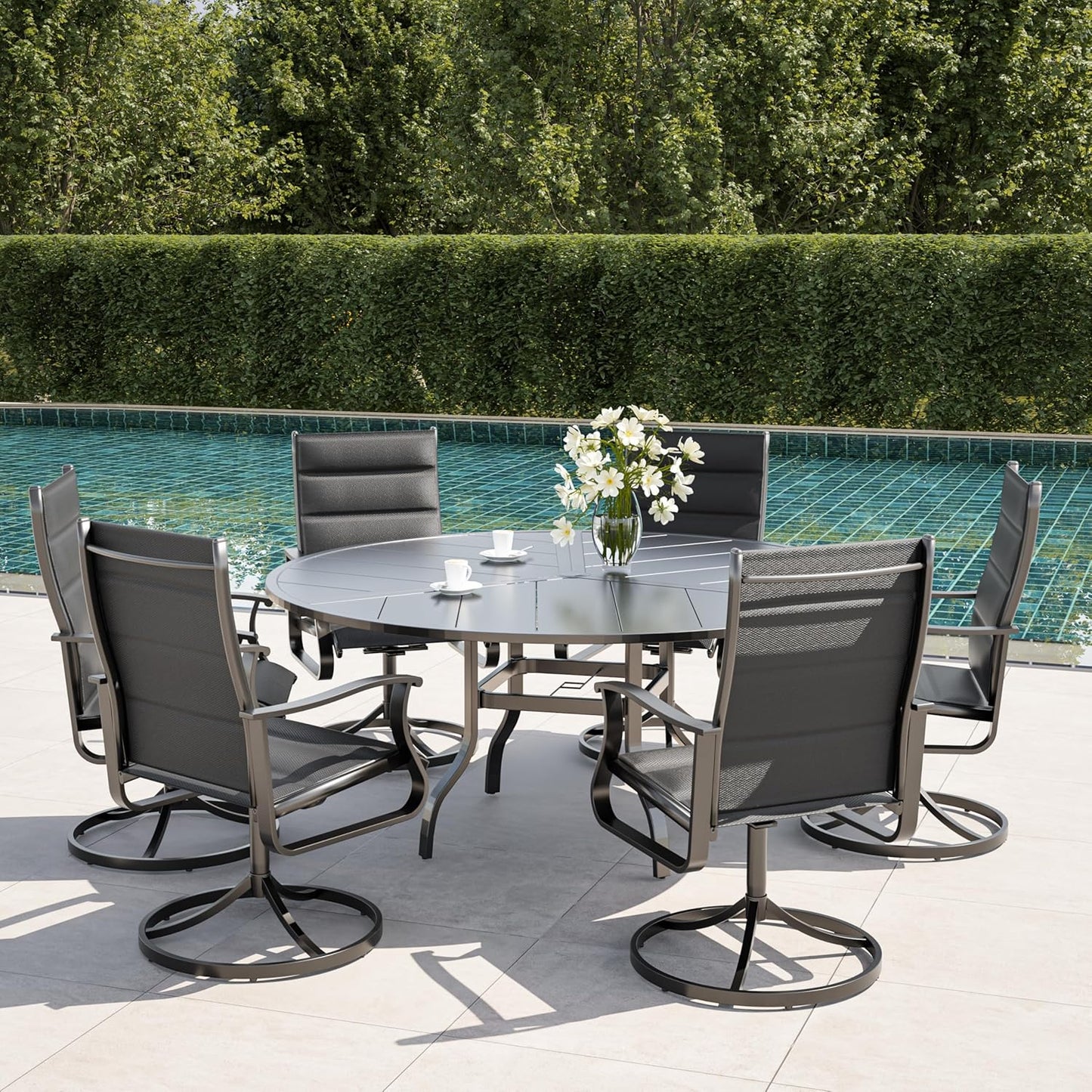 Amopatio Outdoor Patio Swivel Dining Chairs Set of 6, 360° Swivel Patio Chairs, All Weather Outdoor Swivel Chairs with Textilene Mesh and Rust-Proof Steel Frame, for Backyard & Porch, Black