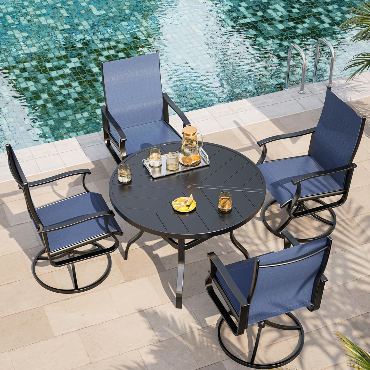 Amopatio Outdoor Patio Swivel Dining Chairs Set of 4, 360° Swivel Outdoor Chairs, All Weather Outdoor Swivel Chairs with Textilene Mesh and Rust-Proof Steel Frame, for Backyard & Porch, Navy Blue
