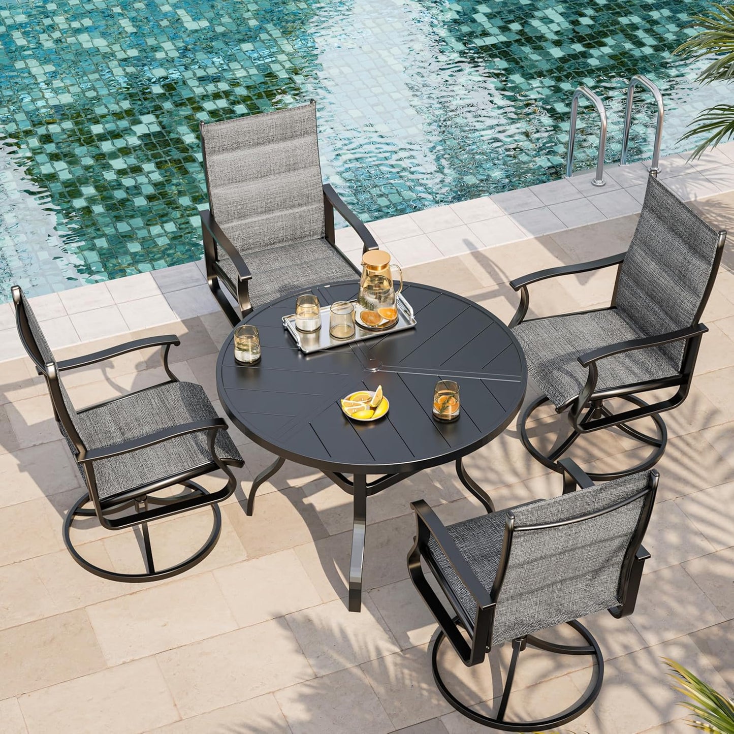 Amopatio Outdoor Patio Swivel Dining Chairs Set of 4, 360° Swivel Patio Chairs, All Weather Outdoor Swivel Chairs with Textilene Mesh and Rust-Proof Steel Frame, for Backyard & Porch, Dark Gray