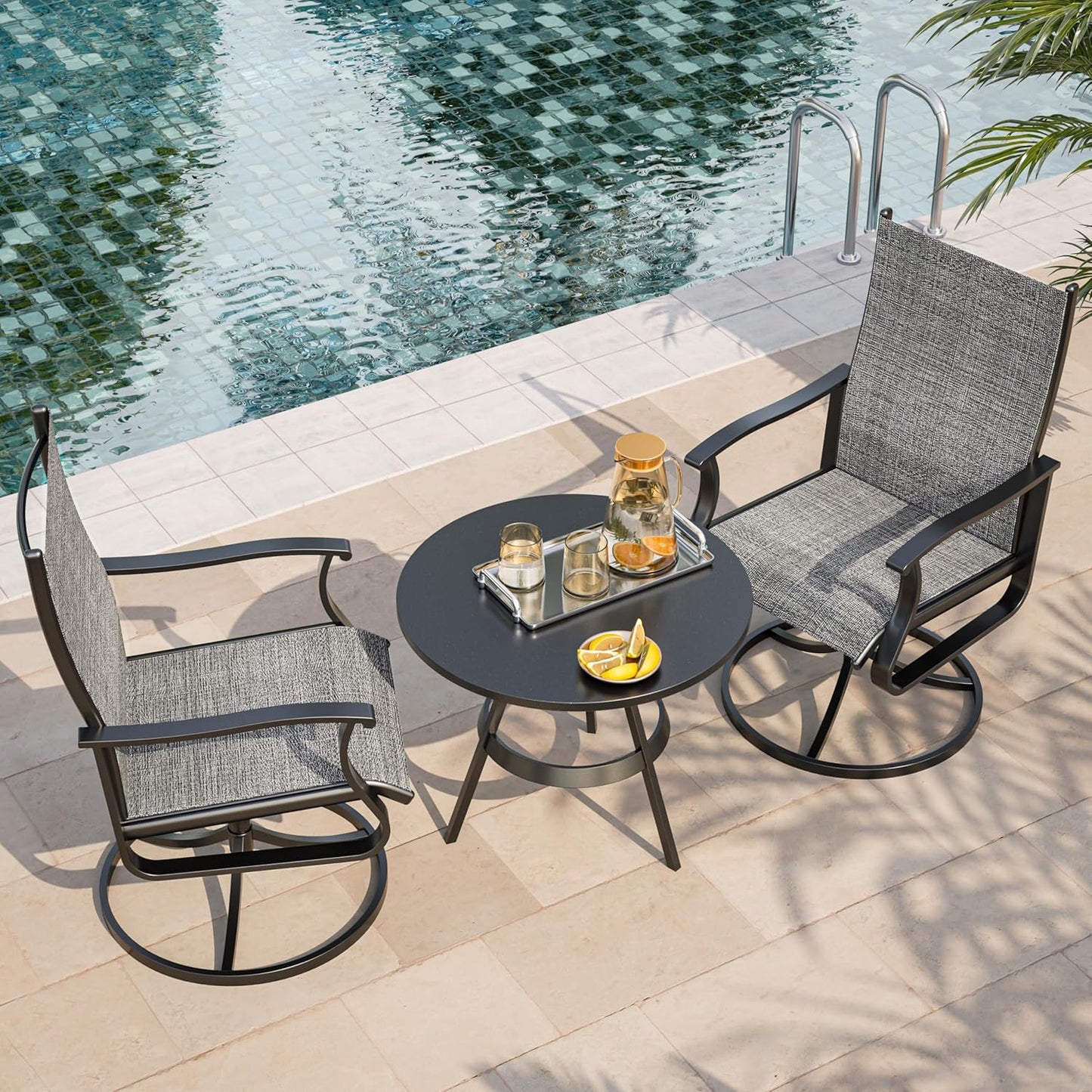 Amopatio Outdoor Patio Swivel Dining Chairs Set of 2, 360° Swivel Outdoor Chairs, All Weather Outdoor Swivel Chairs with Textilene Mesh and Rust-Proof Steel Frame, for Backyard, Porch, Dark Gray