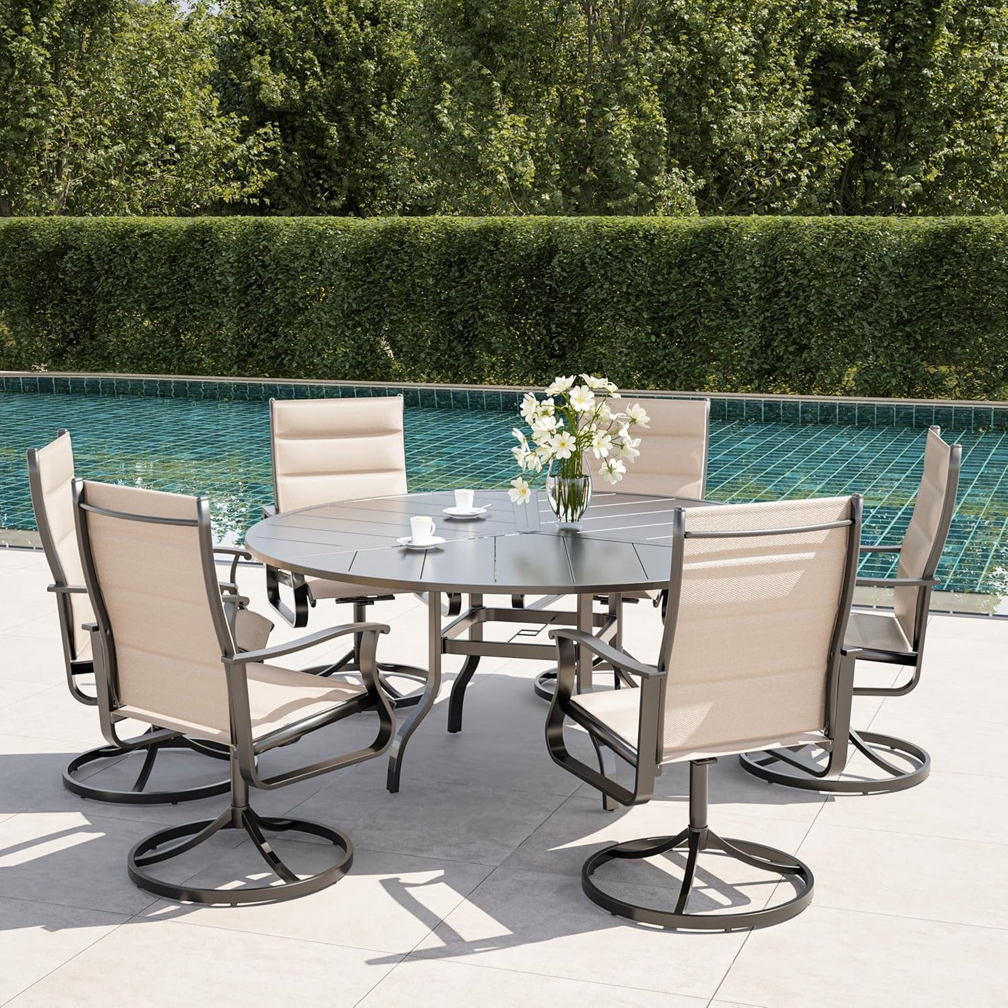 Amopatio Outdoor Patio Swivel Dining Chairs Set of 6, 360° Swivel Patio Chairs, All Weather Outdoor Swivel Chairs with Textilene Mesh and Rust-Proof Steel Frame, for Backyard & Porch, Beige