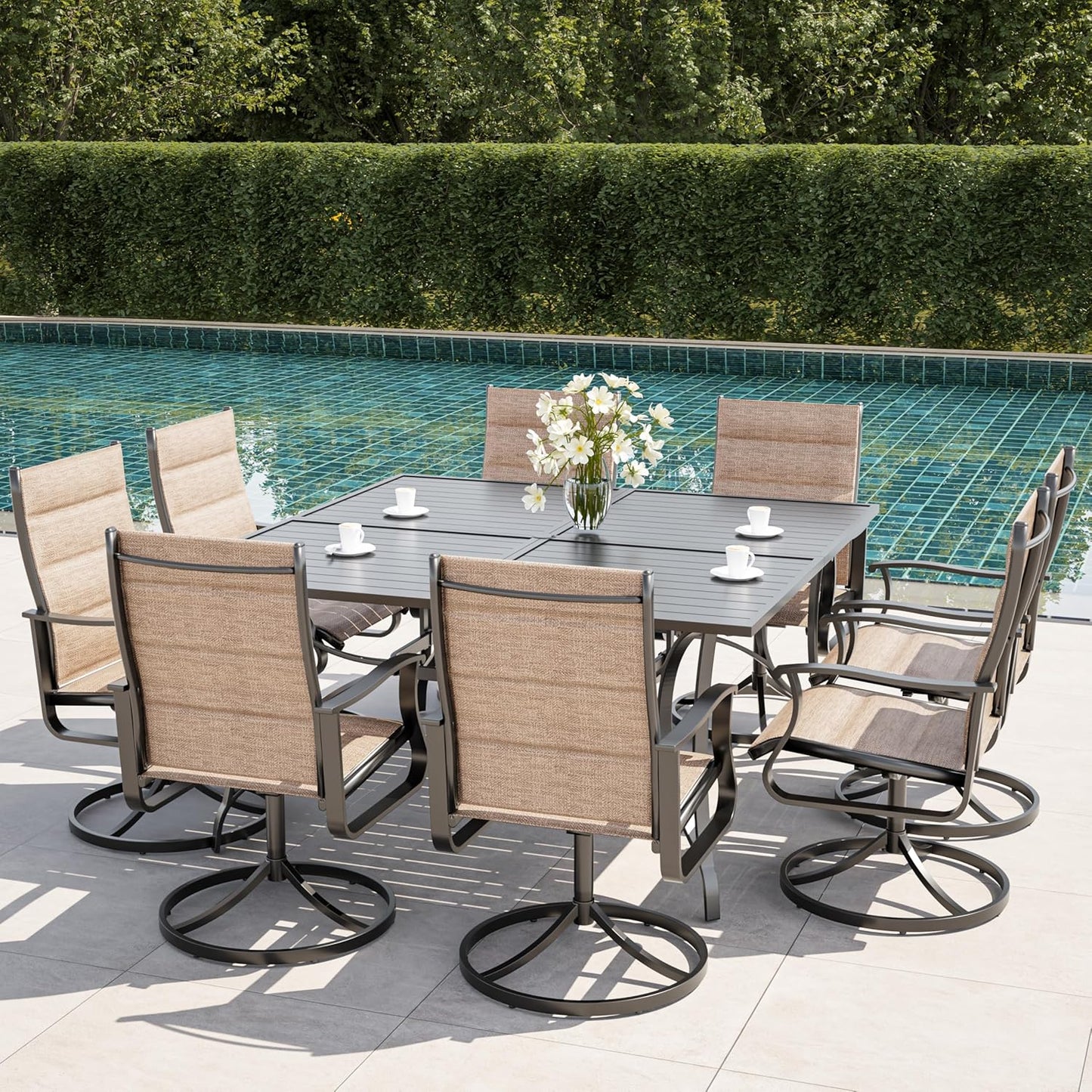 Amopatio Outdoor Patio Swivel Dining Chairs Set of 8, 360° Swivel Patio Chairs, All Weather Outdoor Swivel Chairs with Textilene Mesh and Rust-Proof Steel Frame, for Backyard & Porch, Brown