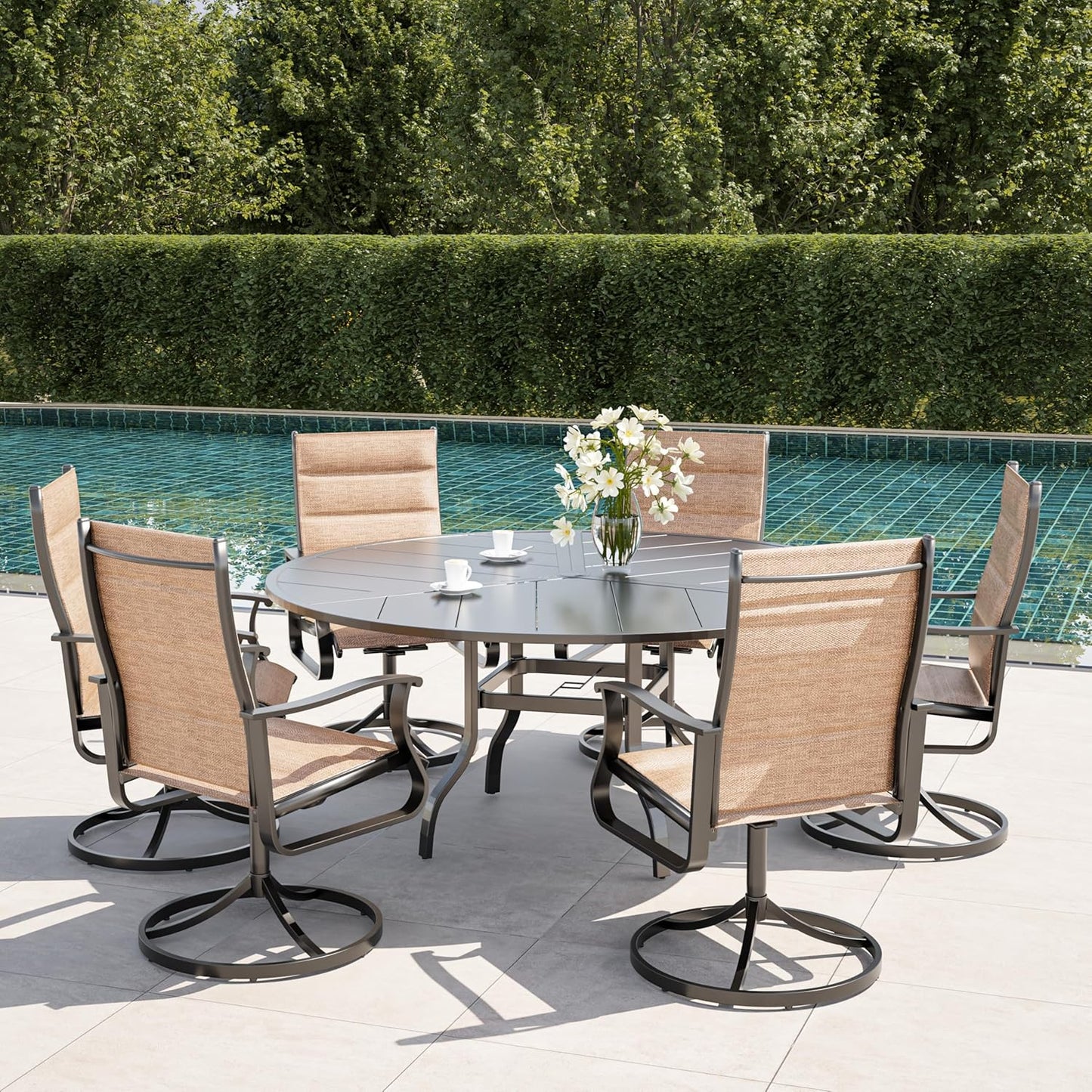 Amopatio Outdoor Patio Swivel Dining Chairs Set of 6, 360° Swivel Patio Chairs, All Weather Outdoor Swivel Chairs with Textilene Mesh and Rust-Proof Steel Frame, for Backyard & Porch, Brown