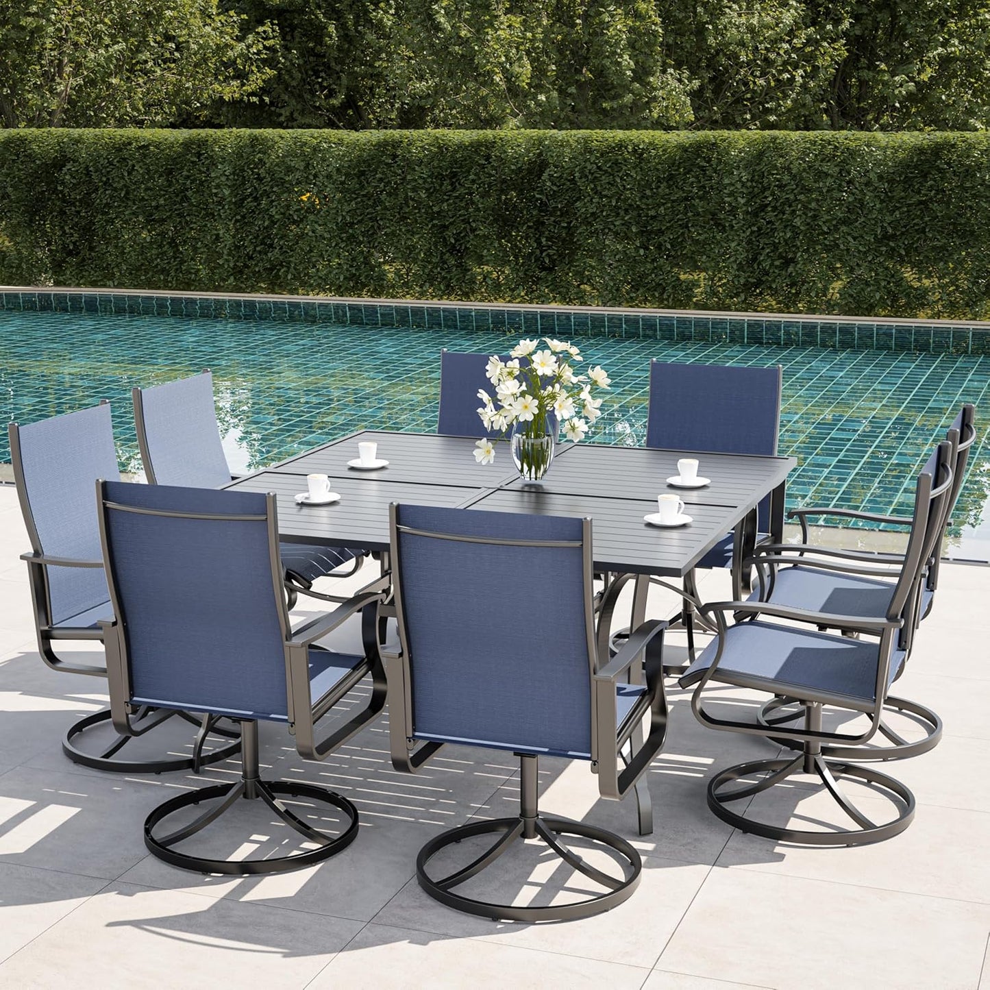 Amopatio Outdoor Patio Swivel Dining Chairs Set of 8, 360° Swivel Outdoor Chairs, All Weather Outdoor Swivel Chairs with Textilene Mesh and Rust-Proof Steel Frame, for Backyard & Porch, Navy Blue