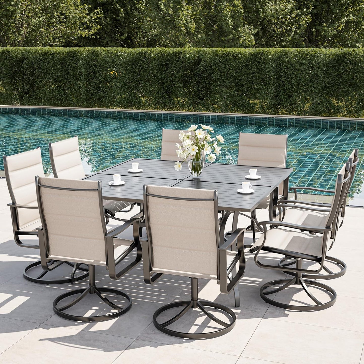 Amopatio Outdoor Patio Swivel Dining Chairs Set of 8, 360° Swivel Patio Chairs, All Weather Outdoor Swivel Chairs with Textilene Mesh and Rust-Proof Steel Frame, for Backyard & Porch, Beige
