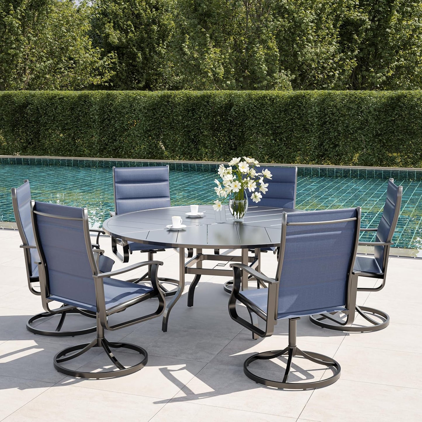 Amopatio Outdoor Patio Swivel Dining Chairs Set of 6, 360° Swivel Patio Chairs, All Weather Outdoor Swivel Chairs with Textilene Mesh and Rust-Proof Steel Frame, for Backyard & Porch, Navy Blue