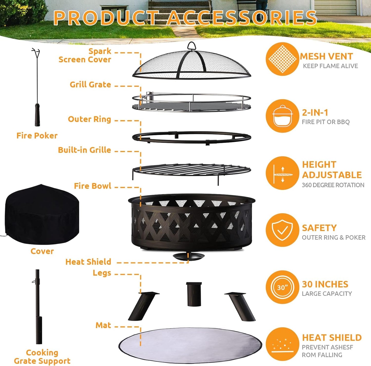 Amopatio Outdoor Fire Pit with Mat & Cover, 30 Inch Large Wood Burning Fire Pits, Patio Backyard Firepit with Steel BBQ Grill Cooking Grate, Spark Screen & Poker for Garden, Bonfire, Camping, Picnic