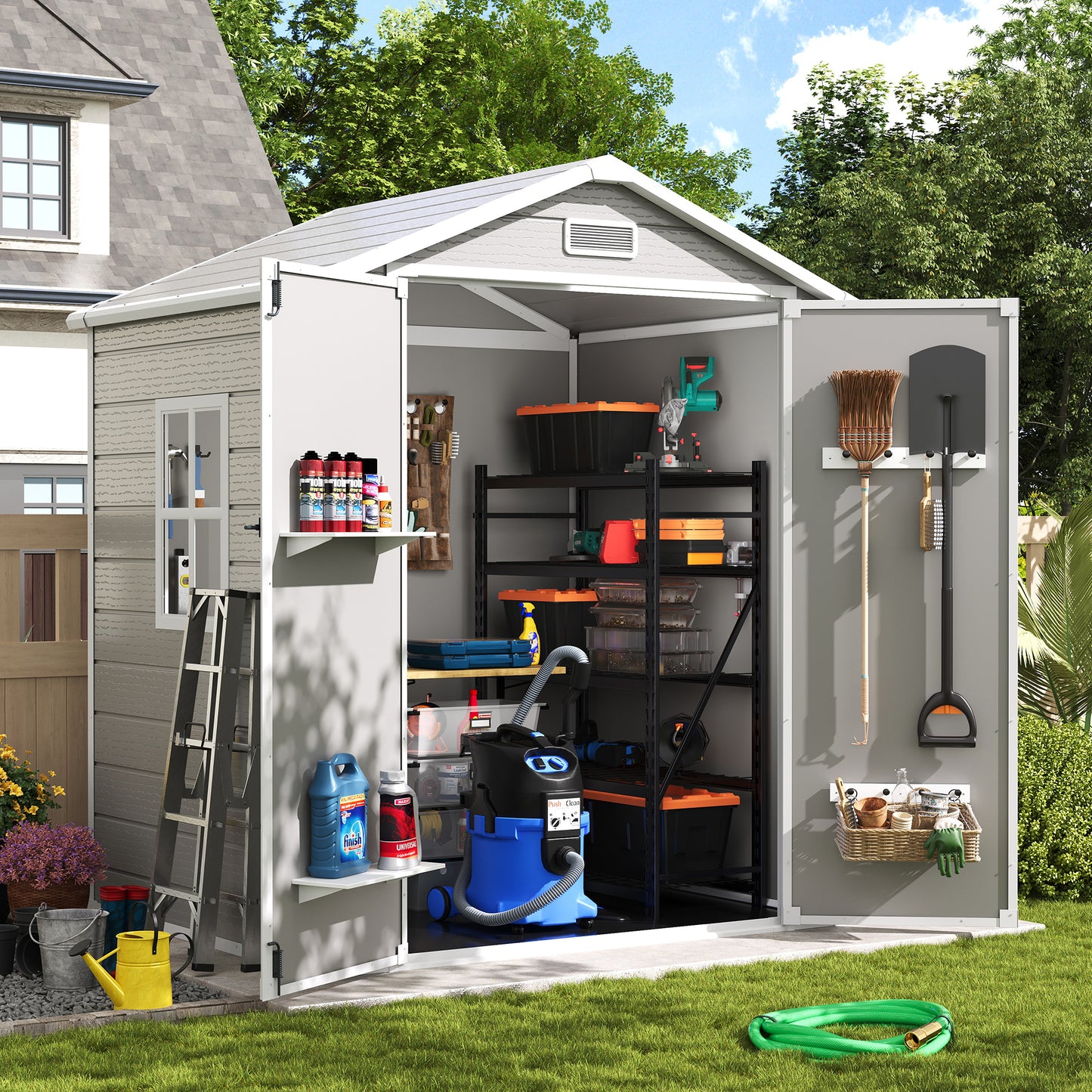 Amopatio Outdoor Storage Shed with Floor,6x4.5 FT Lockable Plastic Tool Shed with Ventilation,Waterproof Resin Garden Sheds for Backyard,Patio,Lawn and Bike Bedge