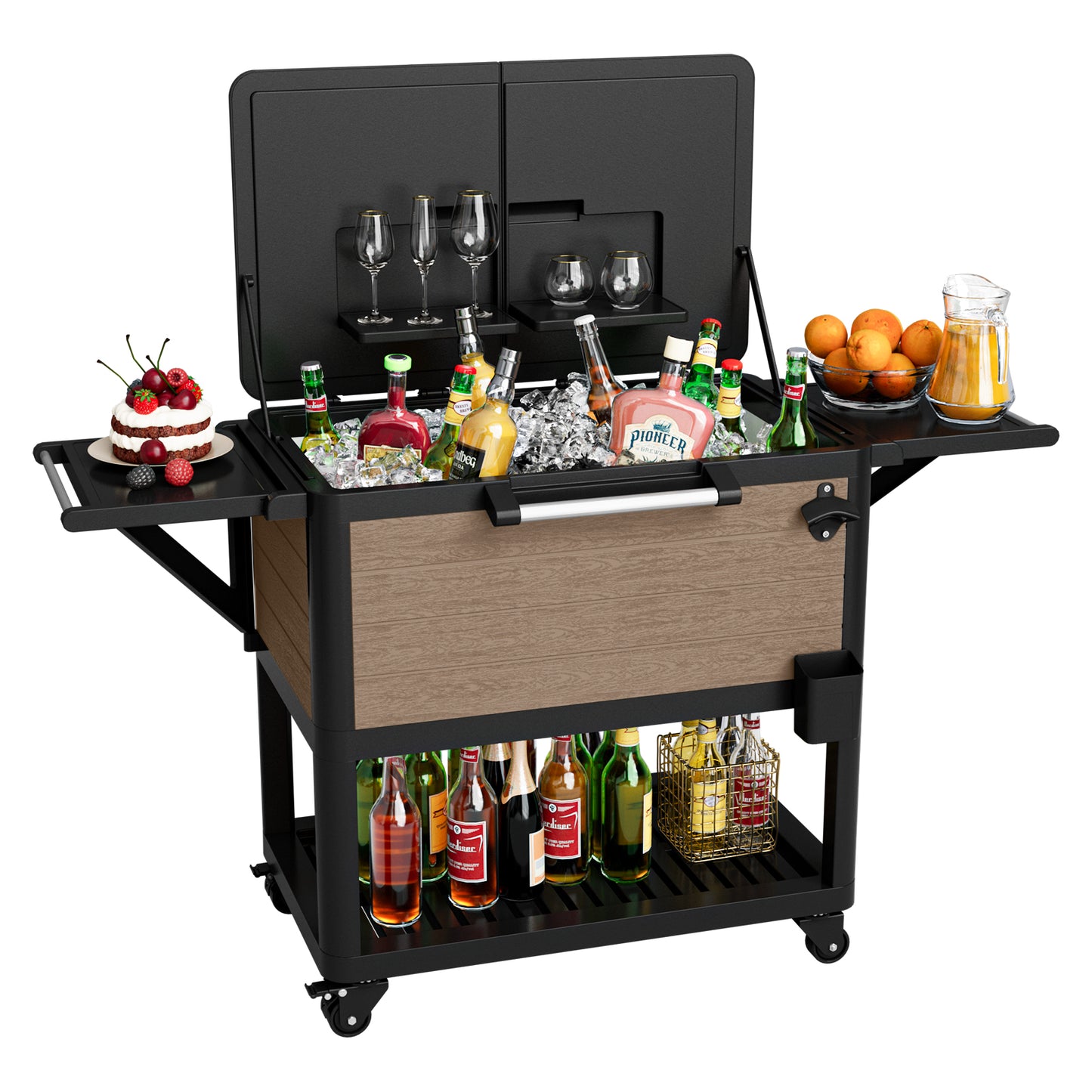 104 Quart Patio Rolling Ice Chest Cooler Cart with Wheels, Portable Mobile Outdoor Coolers Bar Cart with Storage Shelf & Bottle Opener for Drinks, Party, Camping, Backyard, Deck, BBQ（Brown）