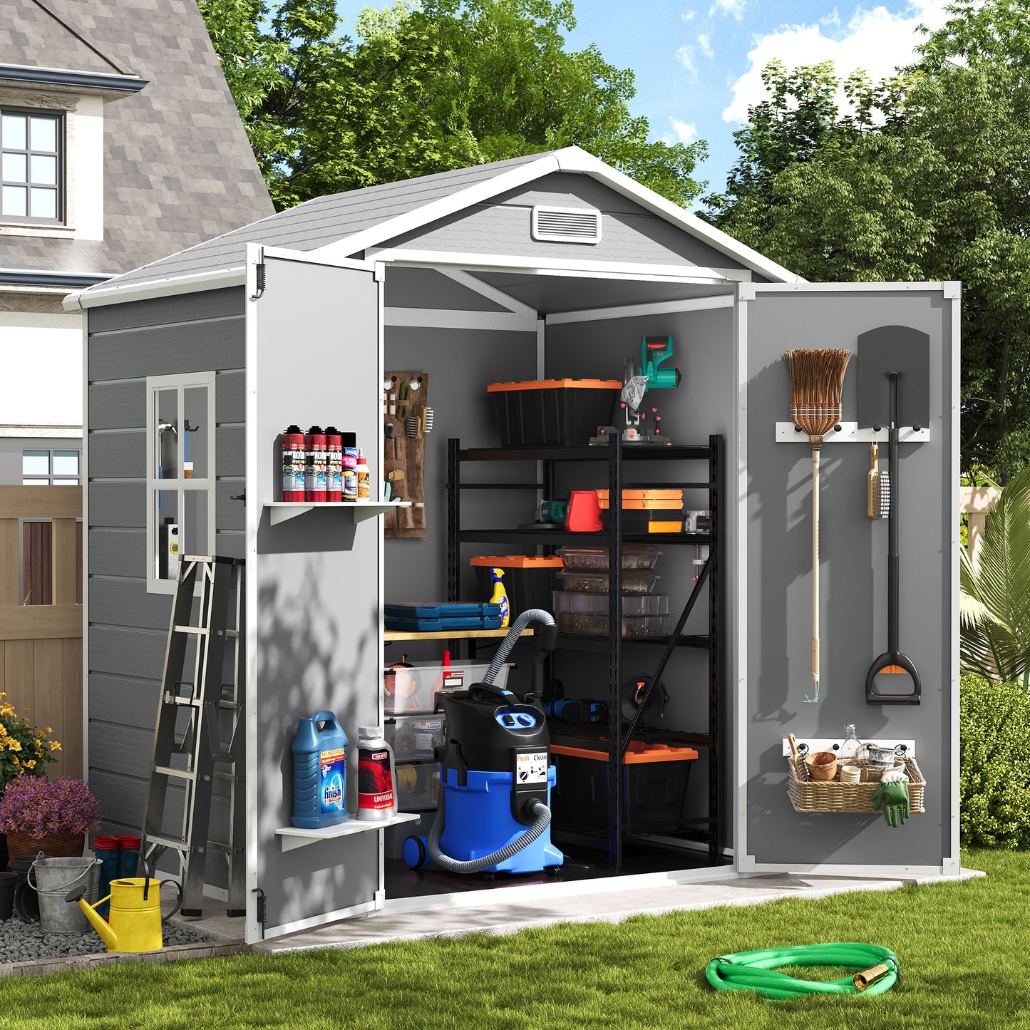 Amopatio Outdoor Storage Shed with Floor,6x4.5 FT Lockable Plastic Tool Shed with Ventilation,Waterproof Resin Garden Sheds for Backyard,Patio,Lawn and Bike Grey