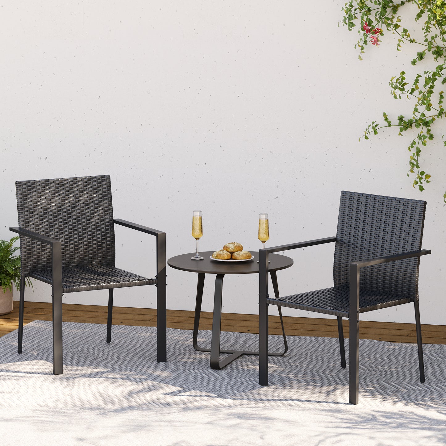 Amopatio Stackable Wicker Chairs, Patio Dining Chairs Set of 6, All-Weather Breathable Outdoor Dining Chair, Steel Frame, Armchair w/Armrests, for Garden, Porch, Deck, Poolside, Fire Pit, Black