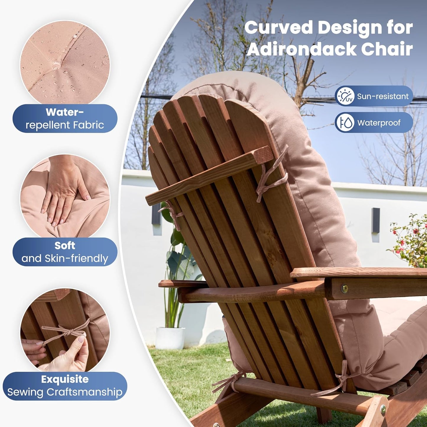 Amopatio Adirondack Chair Cushions 4" Thick Set [2-Pack] - Outdoor Cushions for Patio Furniture, Contoured Design with Anti-Slip Straps & Water-Resistant Fabric for Adirondack Chairs, Khaki
