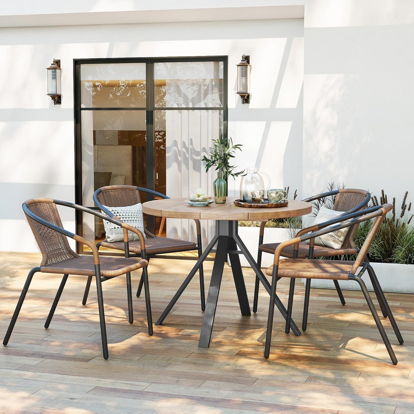 Amopatio Outdoor Dining Chairs Set of 4, Stackable Outdoor Patio Chairs, Rattan Wicker Patio Chairs Set of 4, for Porch, Deck, Garden, Poolside, Yard, Bistro, Restaurant, Brown