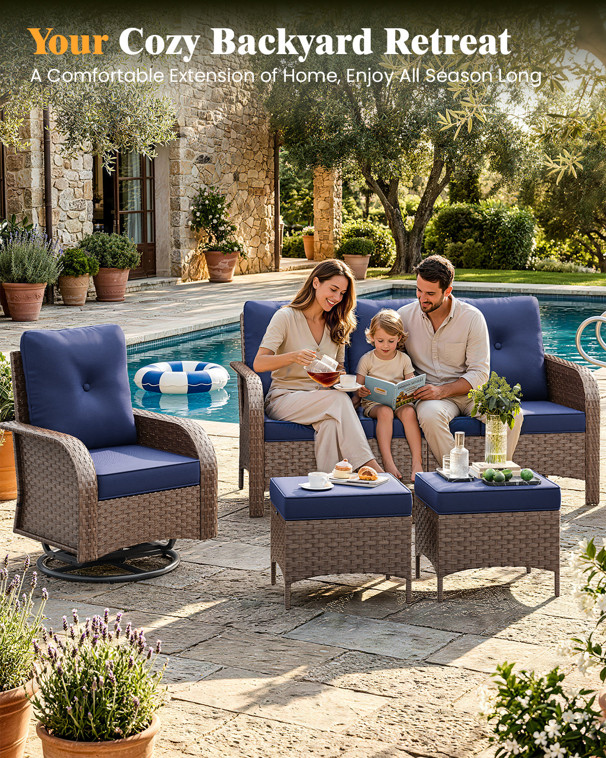 Amopatio 6 Pieces Outdoor Patio Furniture Set, Wicker Swivel Rocker Chairs Sets