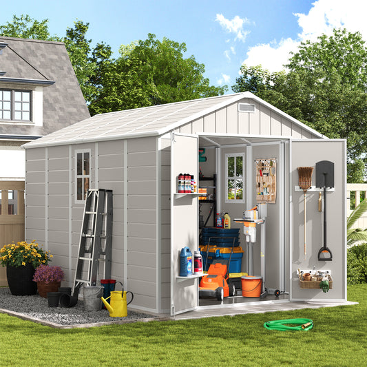 Amopatio Outdoor Storage Shed with Floor,8x10 FT Lockable Plastic Tool Shed with Ventilation,Waterproof Resin Garden Sheds for Backyard,Patio,Lawn and Bike Bedge