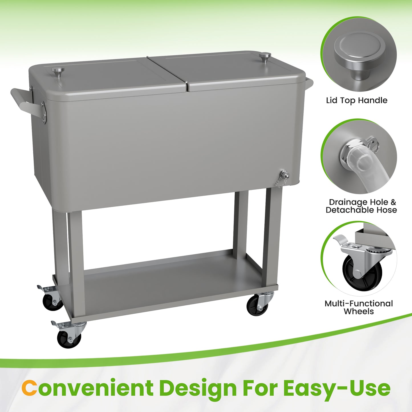 80 Quart Rolling Ice Chest Cooler Cart with Shelf, Heavy Duty Insulated Cooler Box on Wheels with Drain Plug, Weather Resistant Outdoor Party BBQ Drink Cart