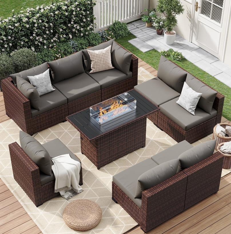 ELPOSUN 9 Pieces Patio Furniture Set All Weather Outdoor Sectional Sofa, Outdoor Modern Sectional Furniture Wicker Couch with Fire Pit Table, Thicken Grey Cushions, Water Resistant