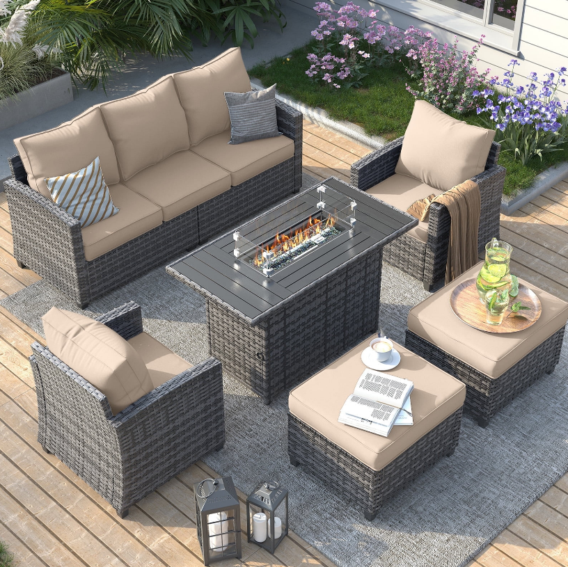 ELPOSUN Patio Furniture Sets with Fire Pit Table, 6 Pieces Outdoor Patio Sofa Set with Fire Pit Table,Wicker Rattan Outdoor Conversation Set with Ottoman for Poolside, Backyard,Gray Rattan Khaki