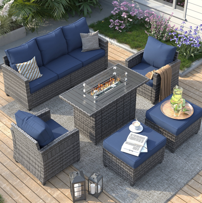 ELPOSUN Patio Furniture Set with Fire Pit Table, 6 Pieces Outdoor Patio Sofa Set with Fire Pit Table, Wicker Rattan Outdoor Conversation Set with Ottoman for Poolside, Backyard, Gray Rattan Navy Blue