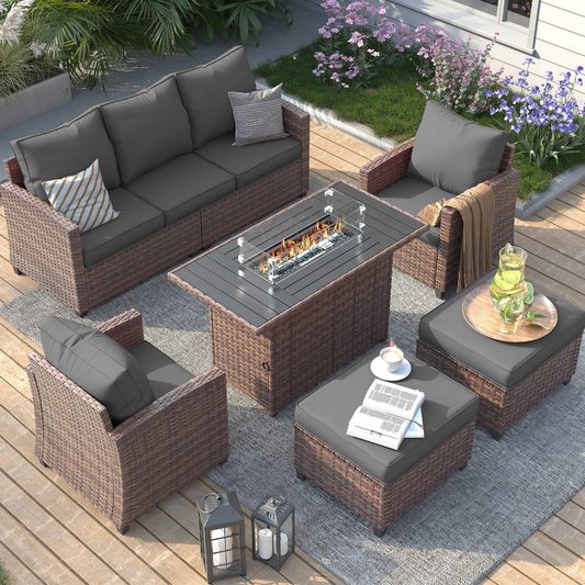 ELPOSUN Patio Furniture Set with Fire Pit Table, 6 Pieces Outdoor Patio Sofa Set with Fire Pit Table, Wicker Rattan Outdoor Conversation Set with Ottoman for Poolside, Backyard, Dark Gray