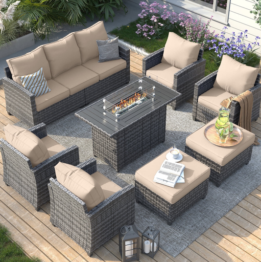 ELPOSUN 7 Pieces Outdoor Patio Furniture Set with Fire Pit Table, Outdoor Wicker Sectional Patio Conversation Set with Ottoman for Garden, Poolside, Backyard, Khaki Cushion