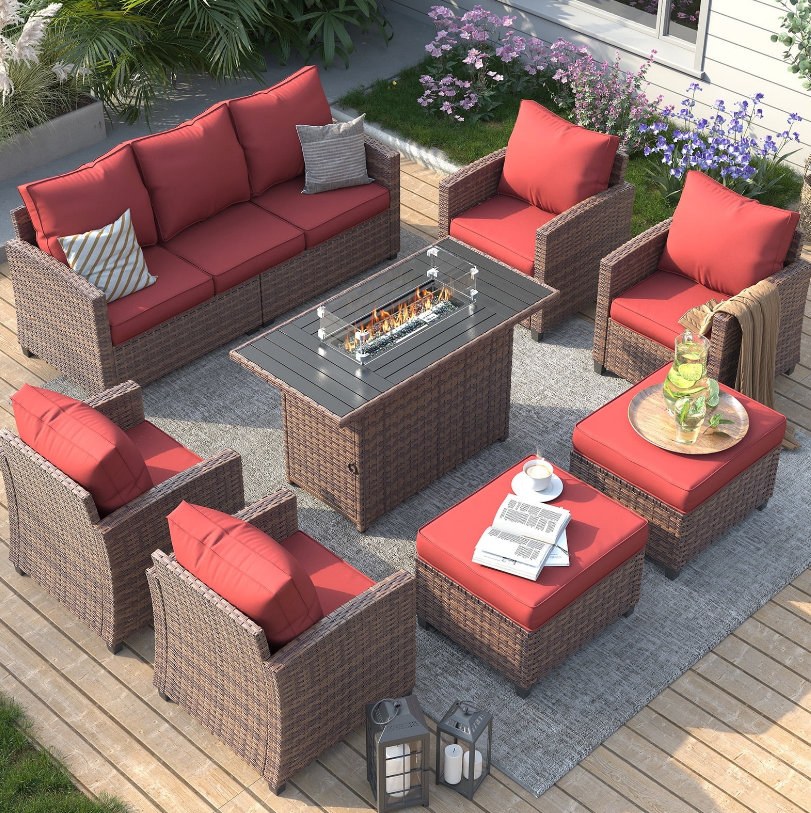 ELPOSUN 7 Pieces Outdoor Patio Furniture Set with Fire Pit Table, Outdoor Wicker Sectional Patio Conversation Set with Ottoman for Garden, Poolside, Backyard, Wine Red Cushion