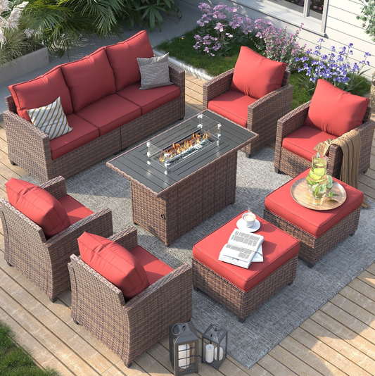 ELPOSUN 7 Pieces Outdoor Patio Furniture Set with Fire Pit Table, Outdoor Wicker Sectional Patio Conversation Set with Ottoman for Garden, Poolside, Backyard, Wine Red Cushion