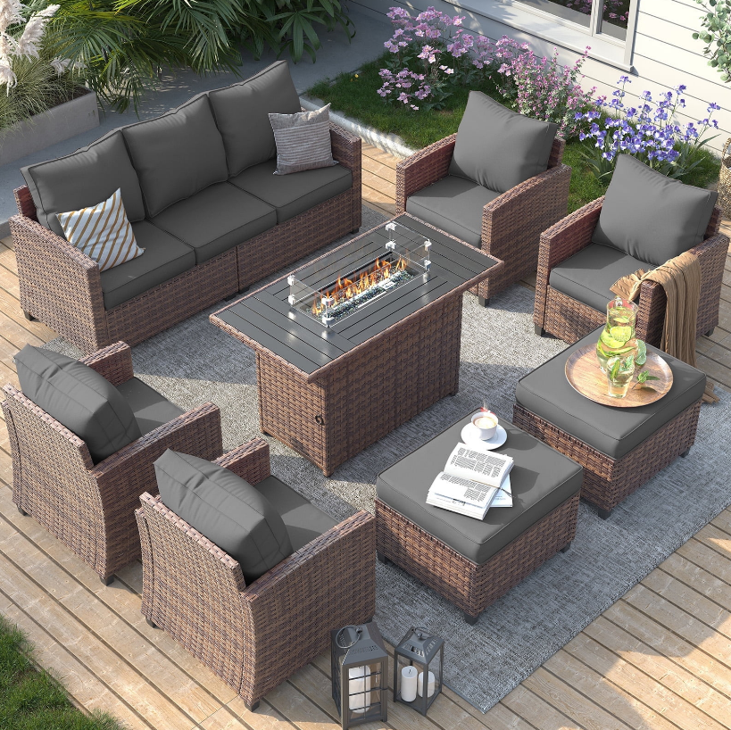 ELPOSUN 7 Pieces Outdoor Patio Furniture Set with Fire Pit Table, Outdoor Wicker Sectional Patio Conversation Set with Ottoman for Garden, Poolside, Backyard, Gray Cushion