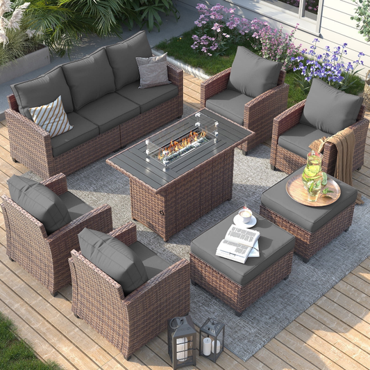 ELPOSUN 7 Pieces Outdoor Patio Furniture Set with Fire Pit Table, Outdoor Wicker Sectional Patio Conversation Set with Ottoman for Garden, Poolside, Backyard, Gray Cushion