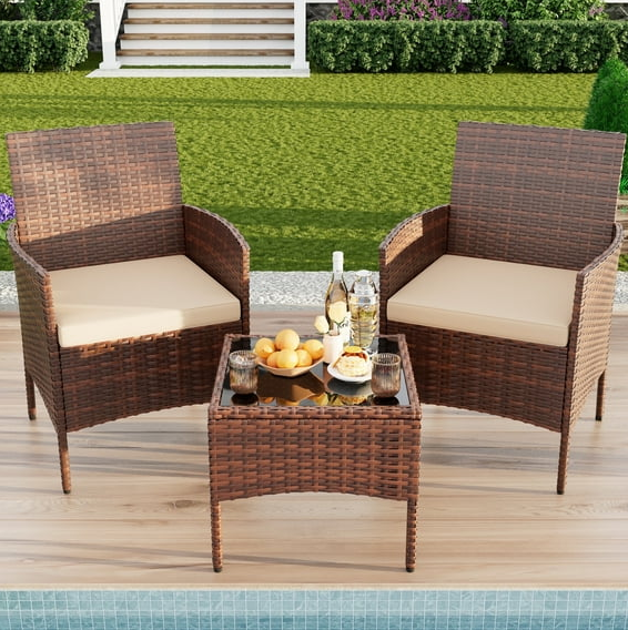 ELPOSUN 3 Piece Patio Conversation Bistro Set Outdoor Furniture Set, Porch Balcony Furniture Set,Wicker Chairs and Coffee Table Set for Patio Balcony Backyard Apartment, Beige