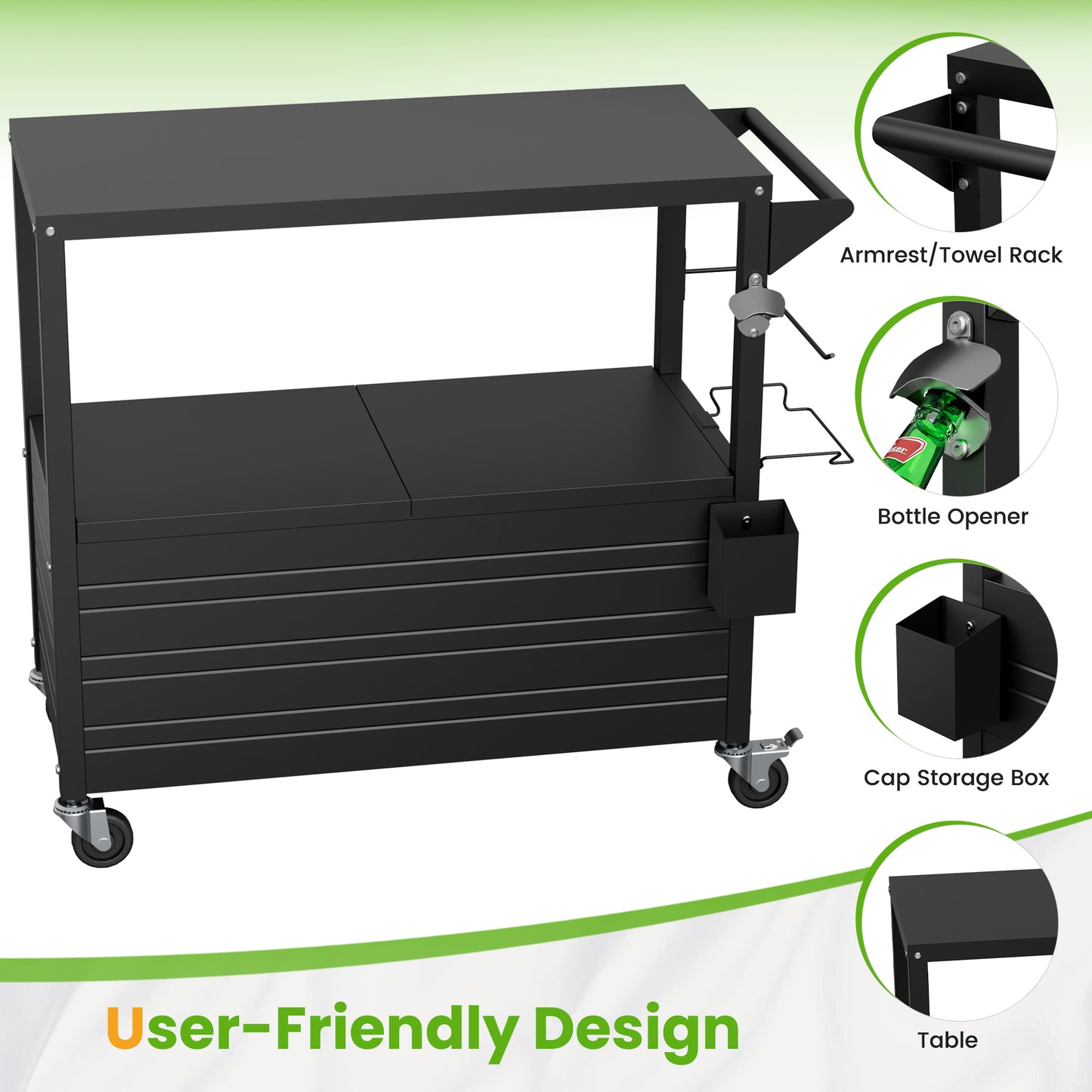 80QT Rolling Ice Chest with Tabletop, Insulated Cooler Cart with Wheels, Outdoor Kitchen Prep Station & Drink Cooler for Patio, BBQ, Camping, Black