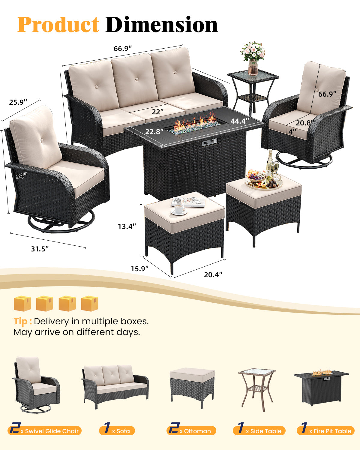 Amopatio 7 Pieces Outdoor Patio Furniture Set with Fire Pit Table, Wicker Swivel Rocker Chairs Sets