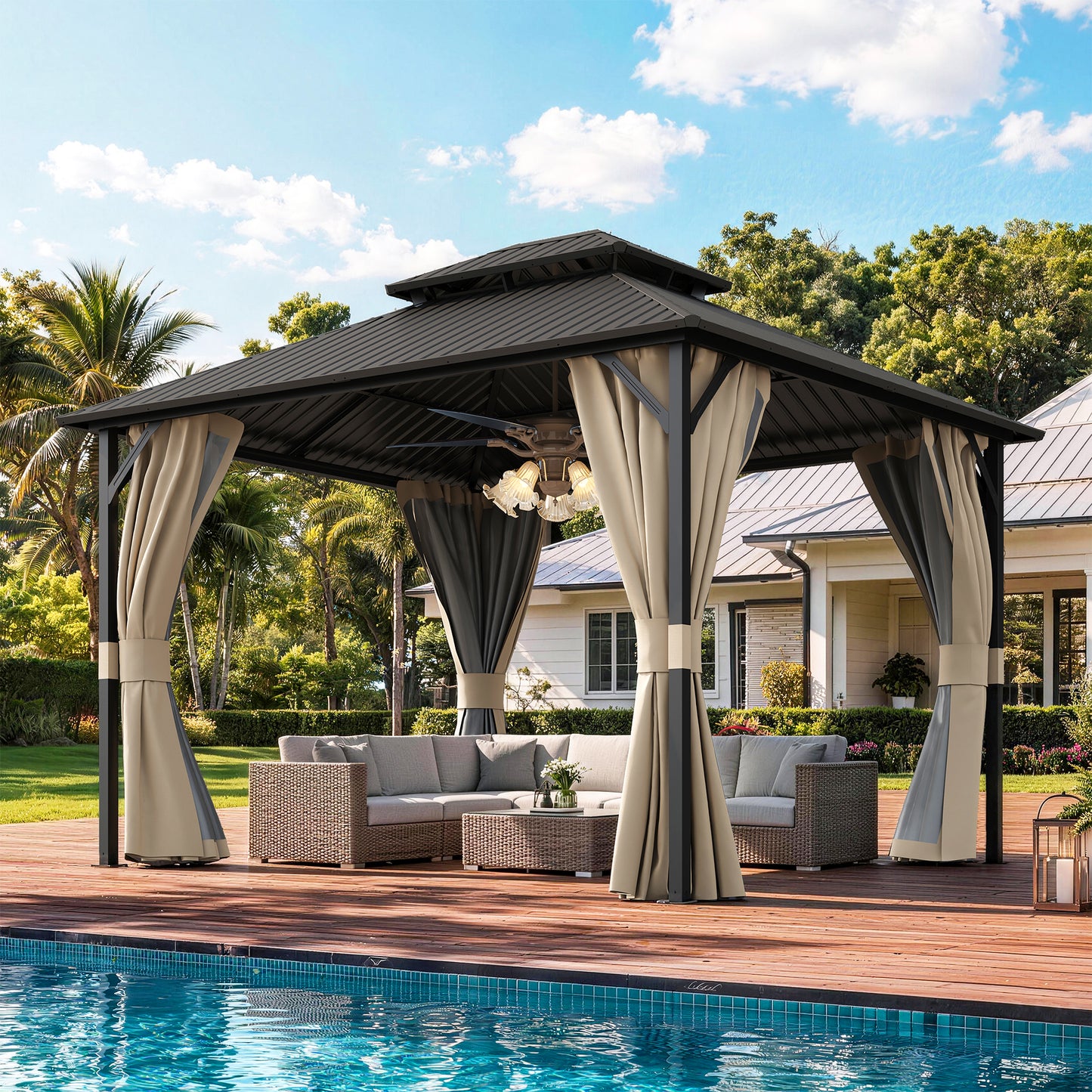 Amopatio 10x12FT Hardtop Gazebo, Metal Galvanized Steel Double Roof, Beige