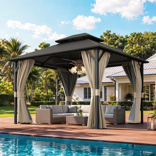 Amopatio 10x12FT Hardtop Gazebo, Metal Galvanized Steel Double Roof, Beige