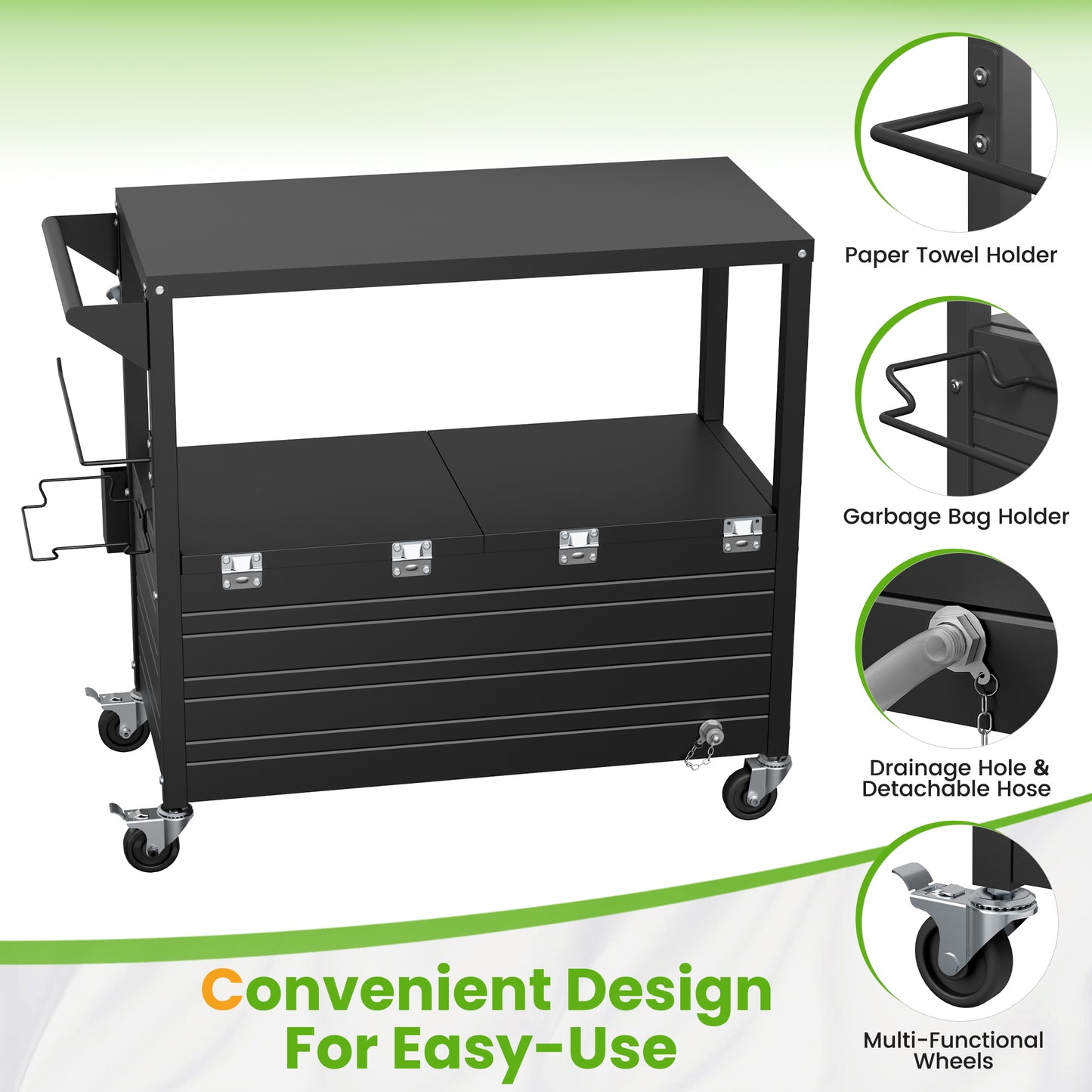 80QT Rolling Ice Chest with Tabletop, Insulated Cooler Cart with Wheels, Outdoor Kitchen Prep Station & Drink Cooler for Patio, BBQ, Camping, Black