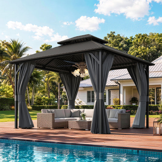 Amopatio 10x12FT Hardtop Gazebo, Metal Galvanized Steel Double Roof, Grey