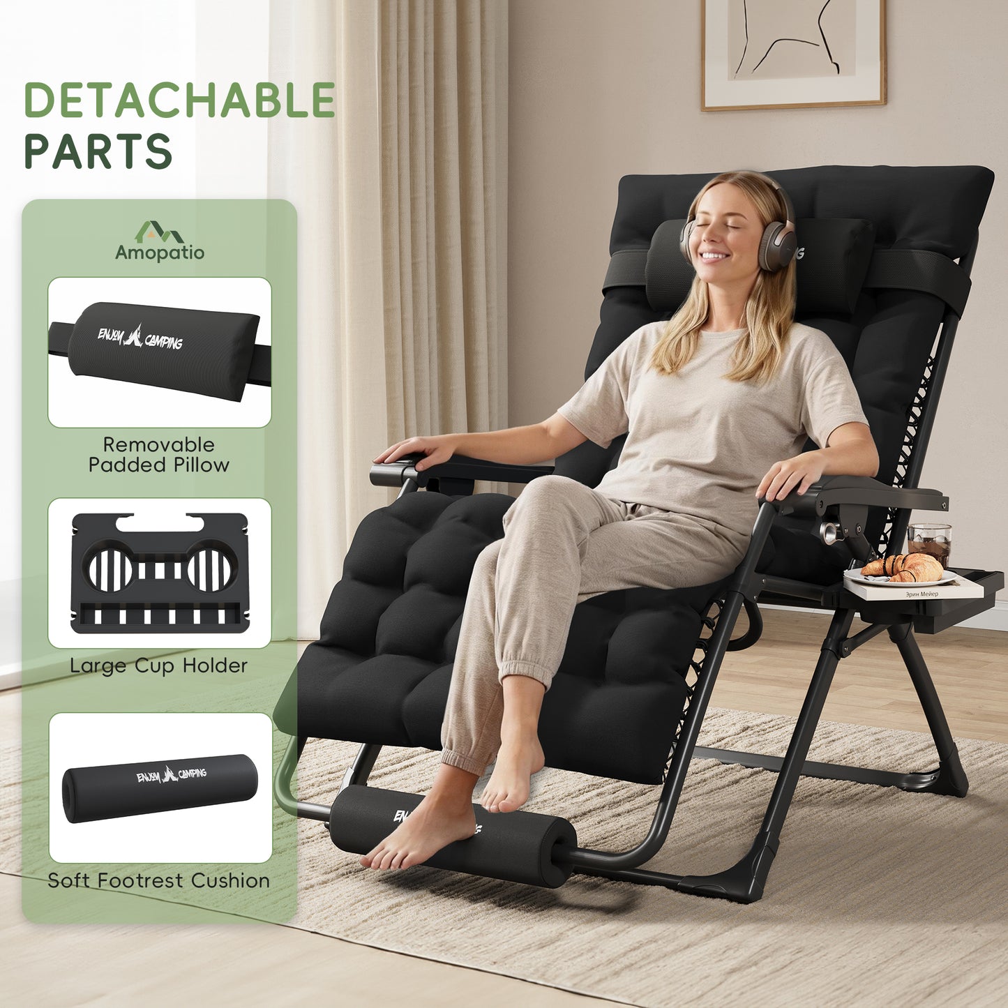 Amopatio Oversized Zero Gravity Chair Set of 2, 29''W Reclining Camping Lounge Chair Upgraded Lock and Footrest, Cup Holder, Removable Cushion & Headrest Folding Patio Recliner for Indoor Outdoor