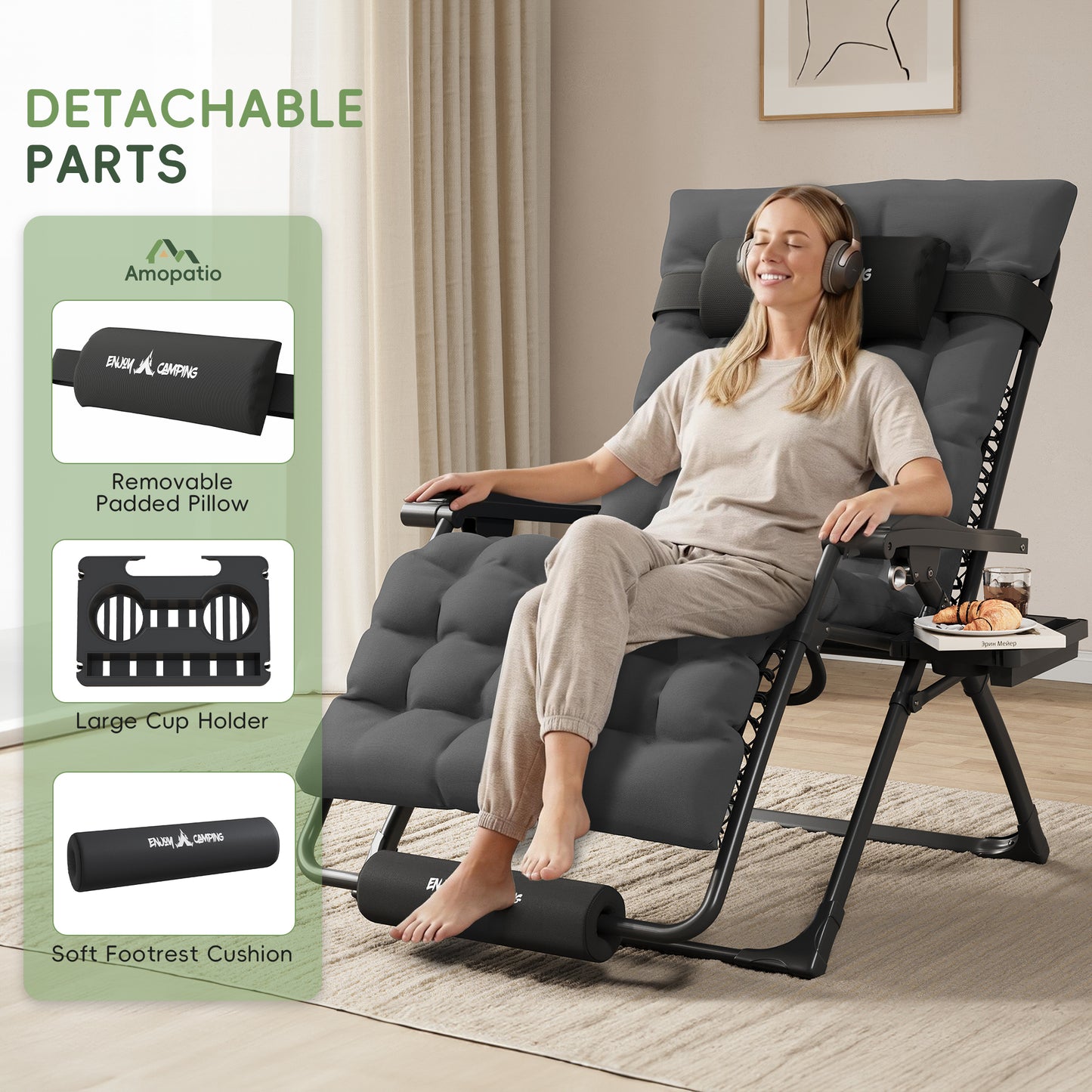Amopatio Oversized Zero Gravity Chair Set of 2, 33in Reclining Camping Lounge Chair Upgraded Lock and Footrest, Folding Patio Recliner with Cup Holder, Removable Cushion & Headrest