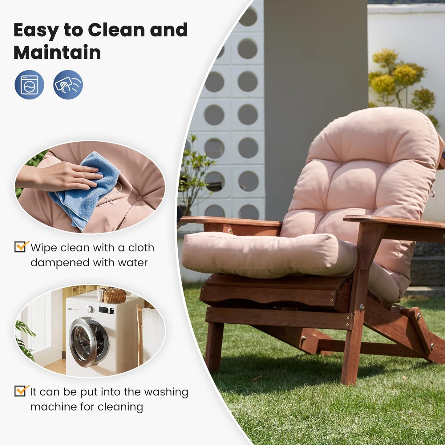 Amopatio Adirondack Chair Cushions 4" Thick Set [2-Pack] - Outdoor Cushions for Patio Furniture, Contoured Design with Anti-Slip Straps & Water-Resistant Fabric for Adirondack Chairs, Khaki