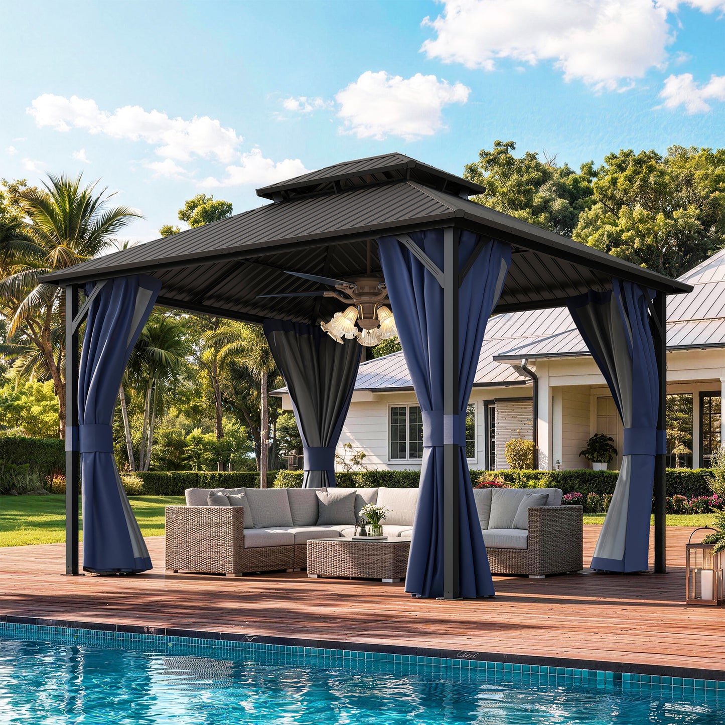 Amopatio 10x12FT Hardtop Gazebo, Metal Galvanized Steel Double Roof, Blue